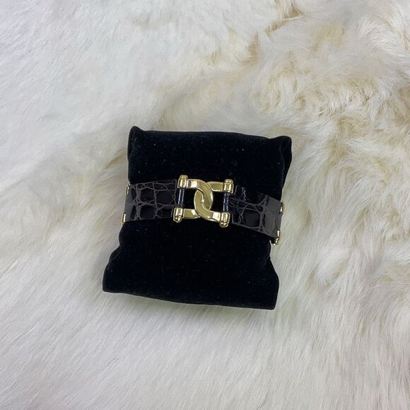 Vintage Burberry Black Leather Silver and Gold Link Bracelet Stamped - Picture 1 of 13